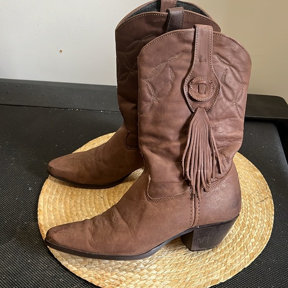 Laredo Nubtuck Leather Western Cowgirl Fringe Boots Size 8.5 - Picture 2 of 12